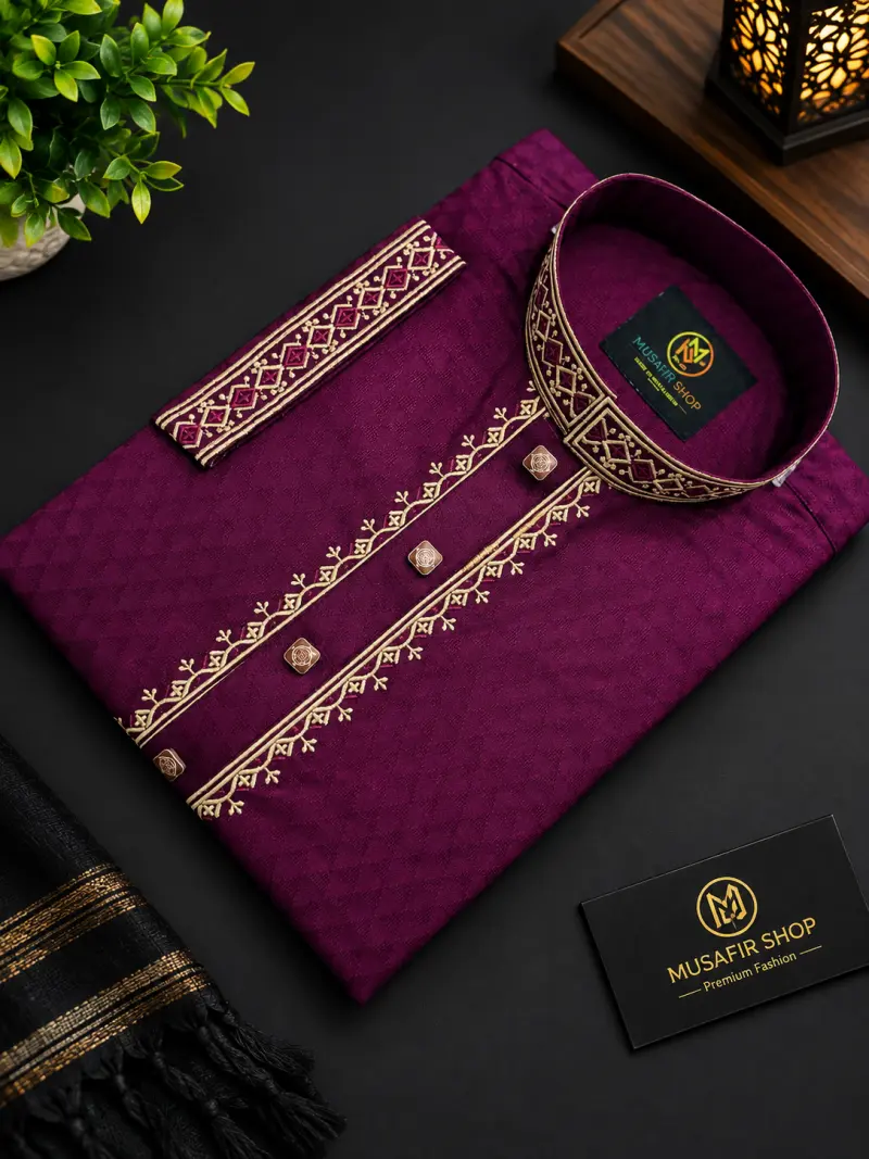 এম্ভয়ডারি পাঞ্জাবি কটন  মেরুন